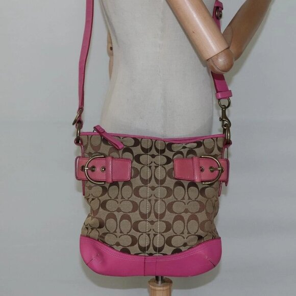 Coach Signature Shoulder Bag Canvas Beige Pink Auth bs24115 - Picture 15 of 16